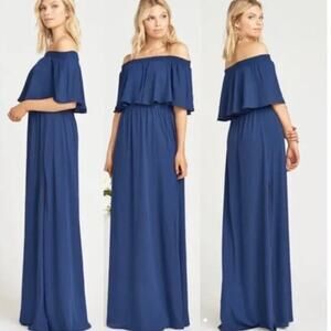 Show Me Your Mumu Hacienda Maxi Dress Off-the-Shoulders Ruffle Navy Blue Large